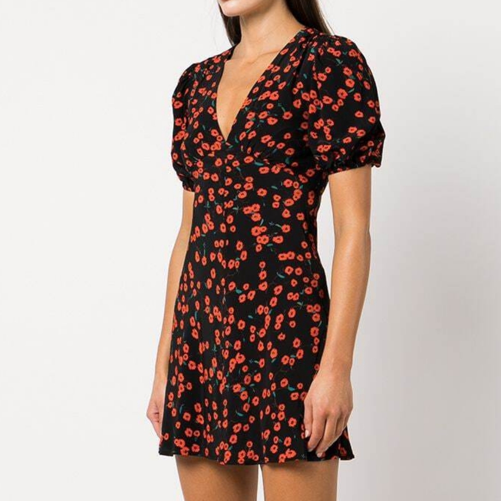 STAUD Black Mini Dress with Red Floral Print